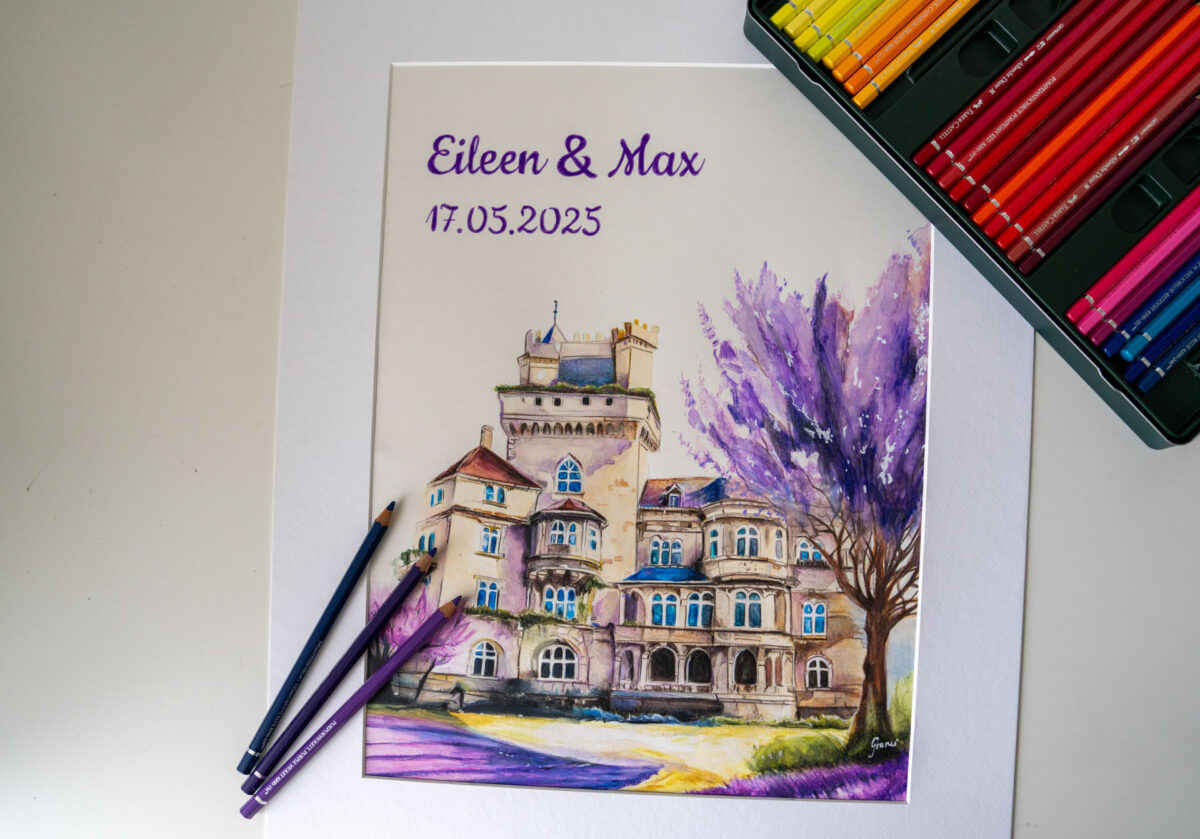 Aquarellzeichnung von Schloss Altenhausen mit lila Farbverläufen