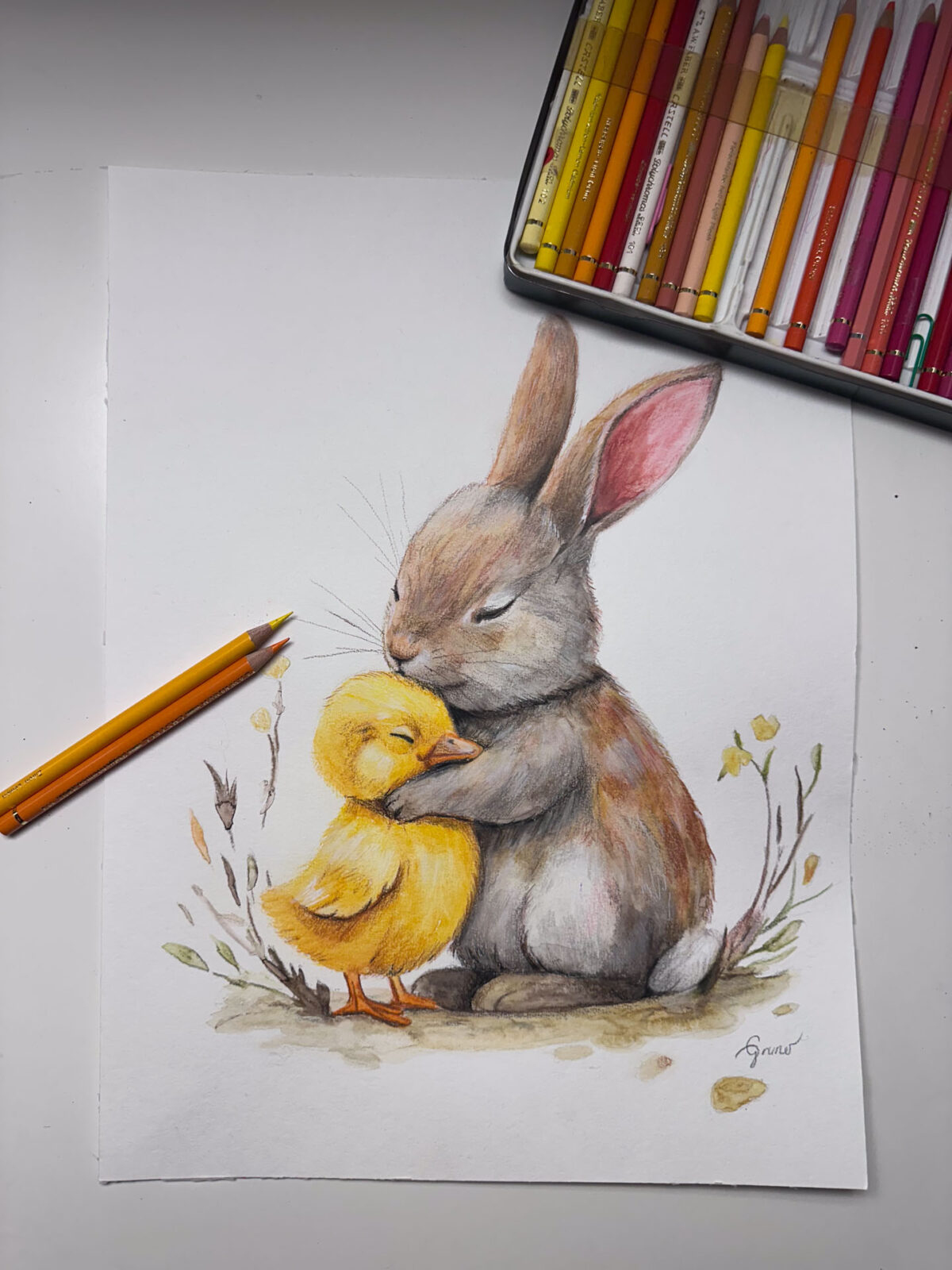 Zarte Hasen- und Kükenillustration in Aquarell